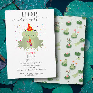 Cute Frog Party Hat Hop On Over Kids Birthday Invitation