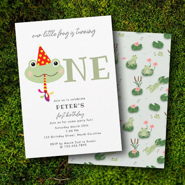 Cute Frog Party Hat Kids First 1st Birthday Party Invitation (Cute Frog Party Hat Kids First 1st Birthday Party Invitation)