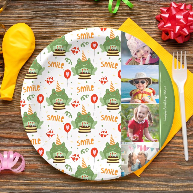 Cute Frog Pattern Smile Text Happy Birthday Photo Paper Plate (Creator Uploaded)