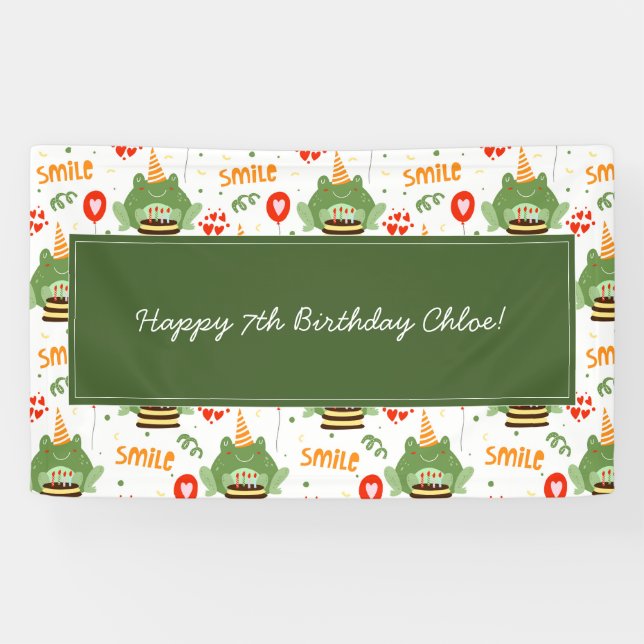 Cute Frog Pattern Smile Text Happy Birthday w Name Banner (Horizontal)