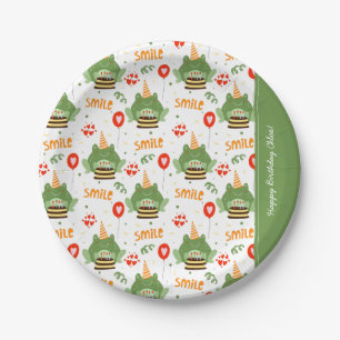 Cute Frog Pattern Smile Text Happy Birthday w Name Paper Plate