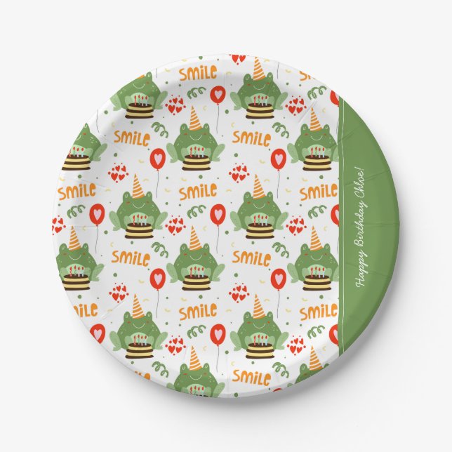 Cute Frog Pattern Smile Text Happy Birthday w Name Paper Plate (Front)