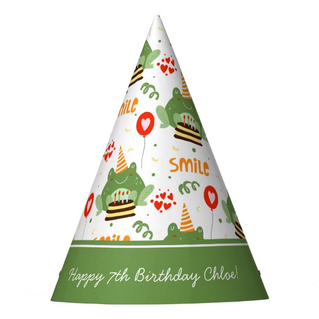 Cute Frog Pattern Smile Text Happy Birthday w Name Party Hat (Front)