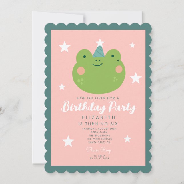 Cute Frog Pink Green Purple Stars Birthday  Invitation (Front)