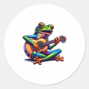 Cute Frog Playing A Guitar Dont Worry Be Hoppy _1  Classic Round Sticker