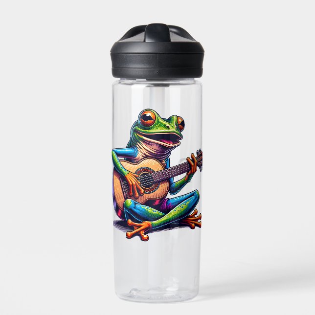 Cute Frog Playing a Guitar Personalised Water Bottle (Front)