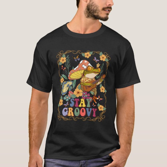 Cute Frog Playing Banjo on Mushroom Hippie Stay Gr T-Shirt (Front)