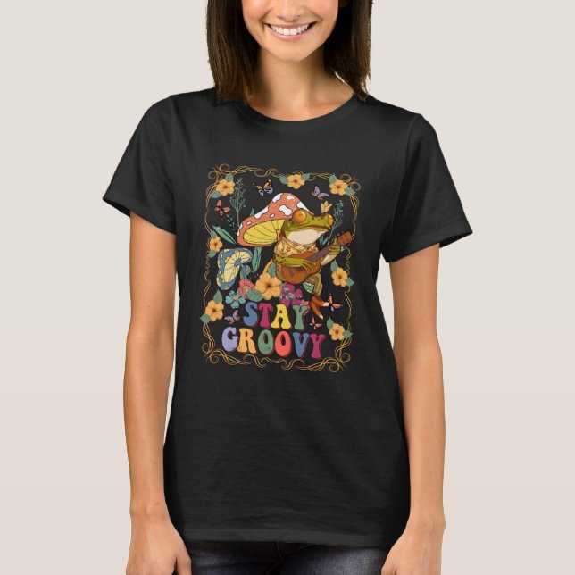 Cute Frog Playing Banjo on Mushroom Hippie Stay Gr T-Shirt (Front)