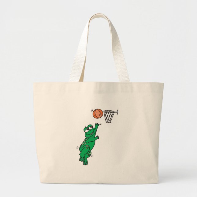cute frog playing basketball large tote bag (Front)