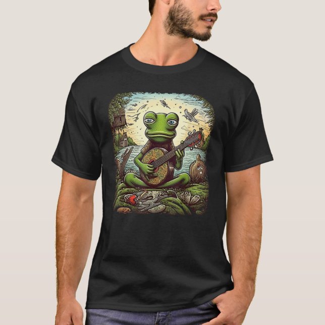 Cute Frog Playing Guitar Near The Pond Men Women C T-Shirt (Front)