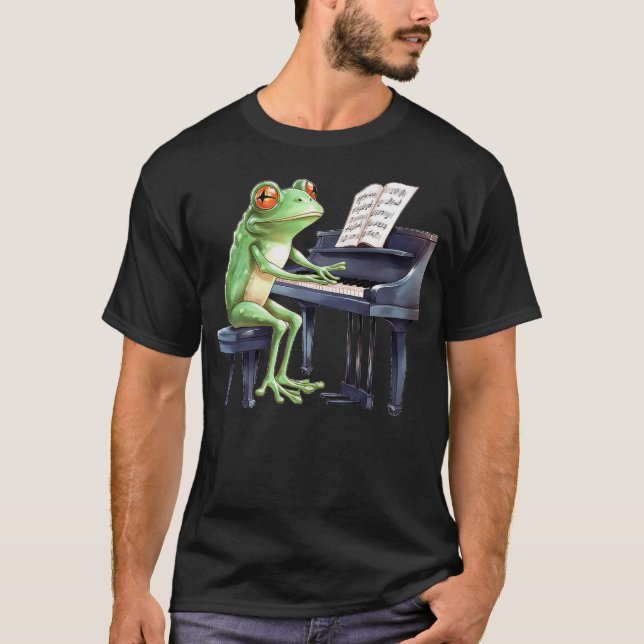 Cute Frog Playing Piano Musician Music T-Shirt (Front)