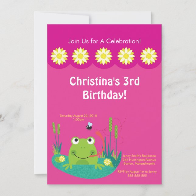 Cute Frog Pond Birthday Party Invitation (Front)