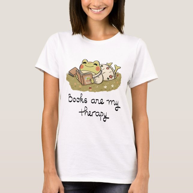 Cute Frog Reading - Books Are My Therapy T-Shirt (Front)