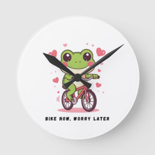 Cute Frog Riding Bicycle   Funny Frog Lover Gift Round Clock