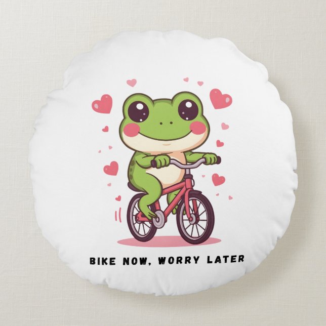 Cute Frog Riding Bicycle | Funny Frog Lover Gift Round Cushion (Front)