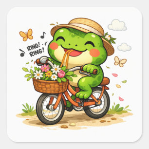 Cute Frog Riding Bicycle Square Sticker