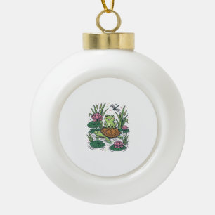 Cute Frog Riding Turtle Pond Vintage Vector Art_1 Ceramic Ball Christmas Ornament