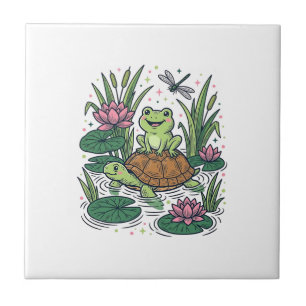 Cute Frog Riding Turtle Pond Vintage Vector Art_1 Ceramic Tile
