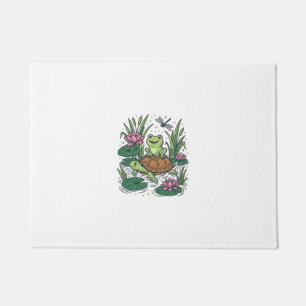 Cute Frog Riding Turtle Pond Vintage Vector Art_1 Doormat