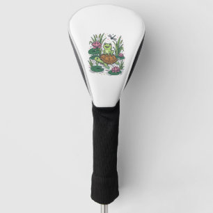 Cute Frog Riding Turtle Pond Vintage Vector Art_1 Golf Head Cover