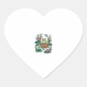 Cute Frog Riding Turtle Pond Vintage Vector Art_1 Heart Sticker