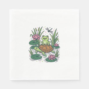 Cute Frog Riding Turtle Pond Vintage Vector Art_1 Napkin