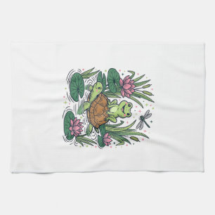 Cute Frog Riding Turtle Pond Vintage Vector Art_1 Tea Towel