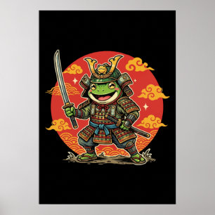 Cute Frog Samurai Cartoon Animal Warrior Design Poster