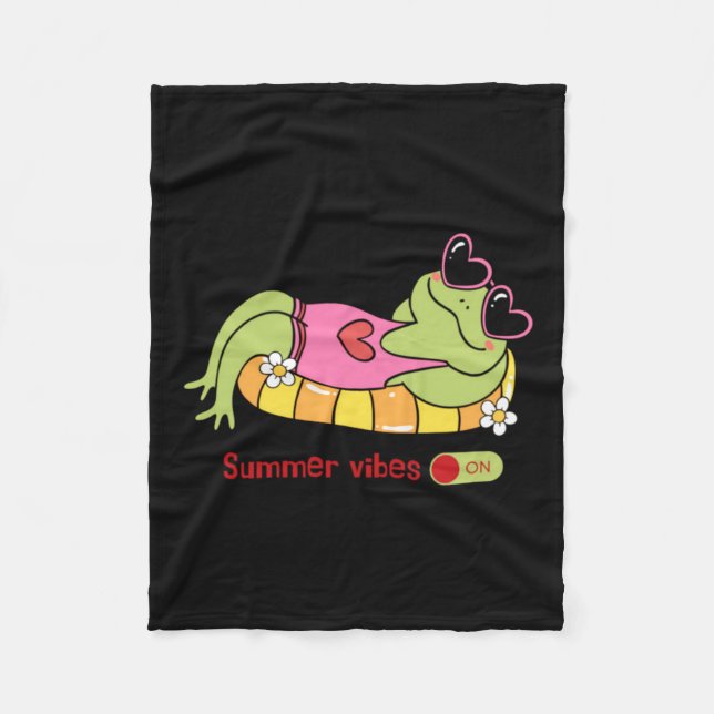 Cute Frog Summer Vibes On Pool Float Fleece Blanket (Front)
