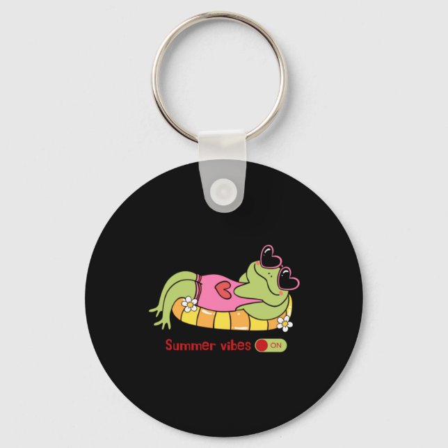 Cute Frog Summer Vibes On Pool Float Key Ring (Front)