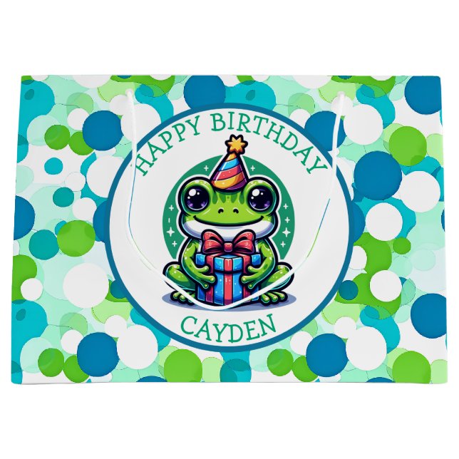Cute Frog Themed Boy's Birthday Boy Large Gift Bag (Front)