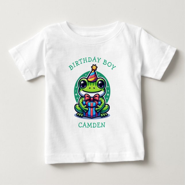 Cute Frog Themed Boy's Birthday Boy Personalised Baby T-Shirt (Front)