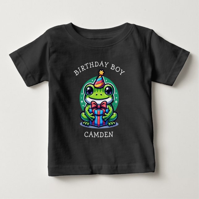 Cute Frog Themed Boy's Birthday Boy Personalised Baby T-Shirt (Front)