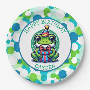 Cute Frog Themed Boy's Birthday Boy Photo Paper Plate