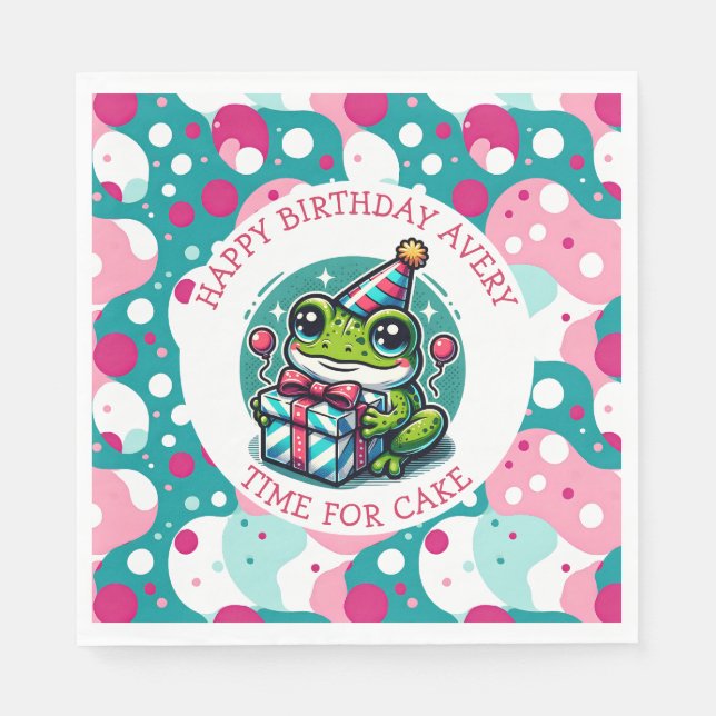 Cute Frog Themed Girl's Personalised Birthday Napkin (Front)
