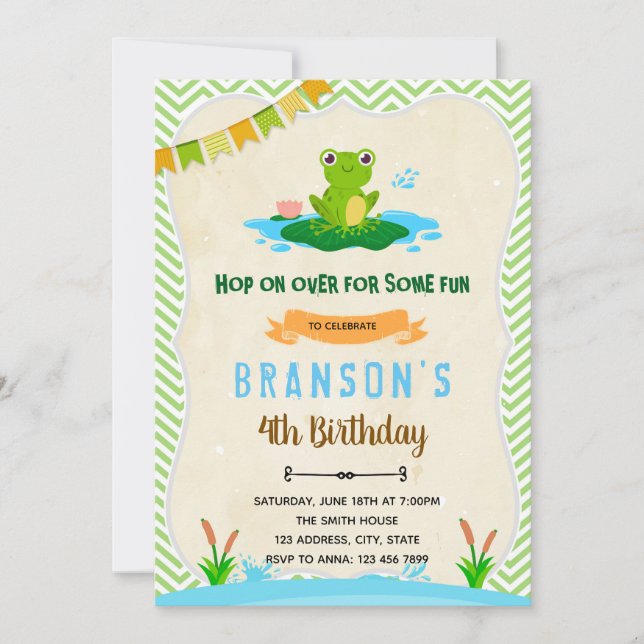 Cute frog toad birthday party invitation (Front)