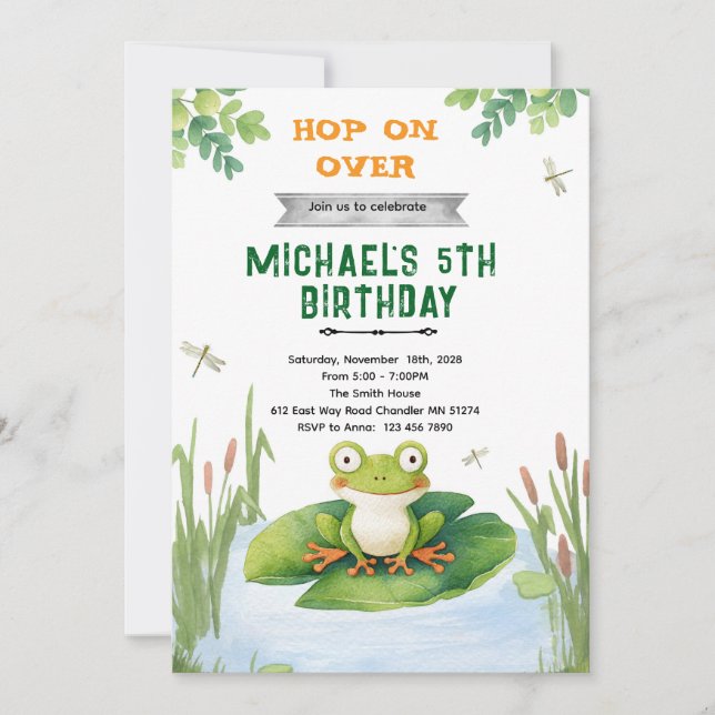 Cute frog toad birthday party invitation (Front)