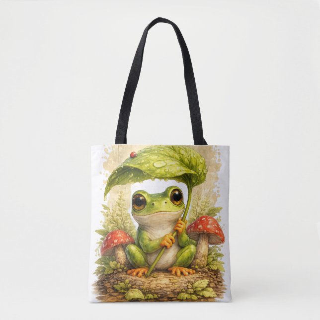 Cute Frog Tote Bag Leaf Umbrella Kawaii (Front)