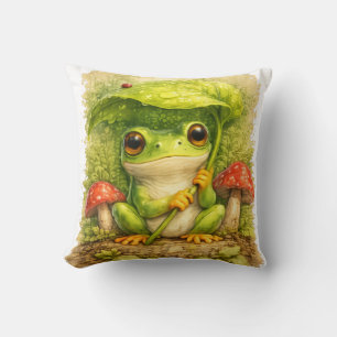 Cute Frog Under Leaf Umbrella Kawaii Woodland Rain Cushion