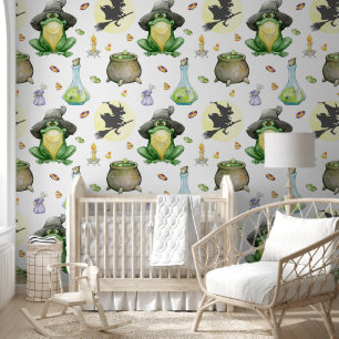 Cute Frog Witch Potion Cauldron Halloween Nursery Wallpaper