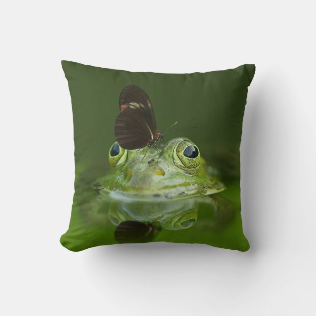 Cute frog with a Butterfly on his nose Cushion (Front)