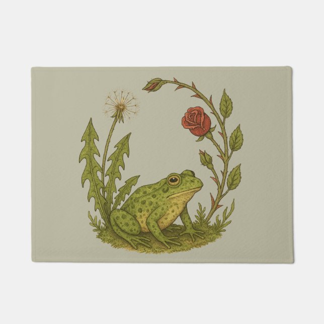 Cute Frog with a Rose and Dandelion                Doormat (Front)