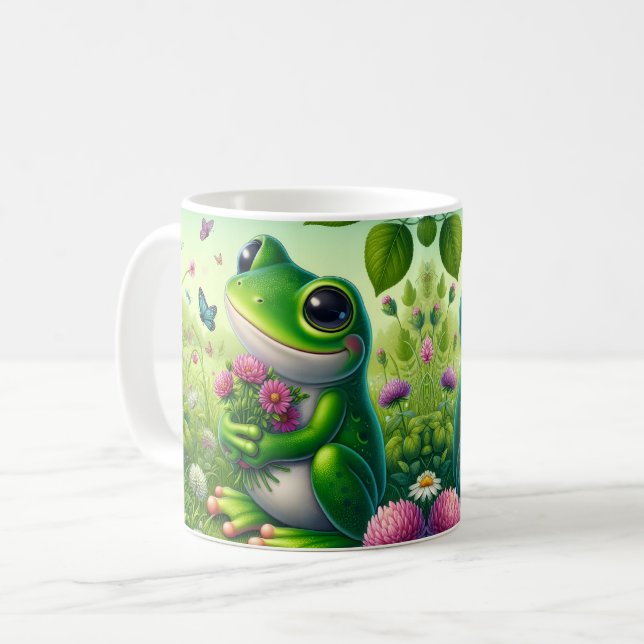 Cute Frog with Flowers Coffee Mug (Front Left)