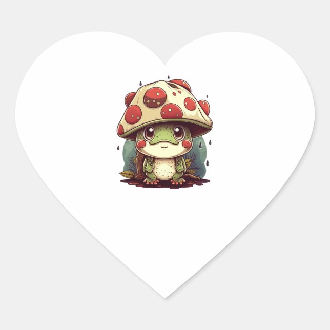 Cute Frog With Mushroom Hat, Cute Frogs Kawaii  Heart Sticker (Front)