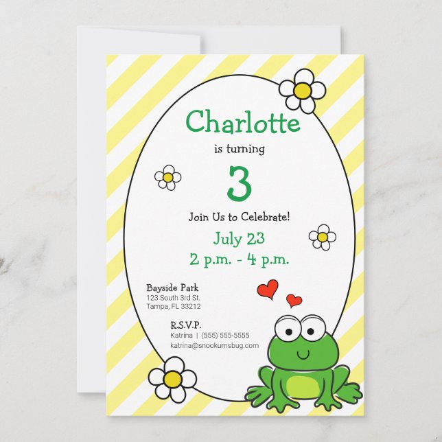 Cute Frog Yellow Stripe Birthday Party Invitation (Front)