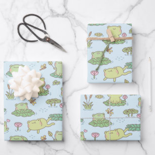 Cute Frogs and Dragonflies Pond Pattern Wrapping Paper Sheet
