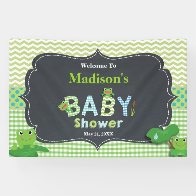 Cute Frogs Green Boy Baby Shower Welcome Backdrop  Banner (Horizontal)