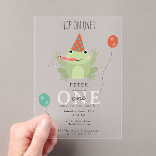 Cute Frogs in Lily Pond Hop On Over Kids Birthday Acrylic Invitations