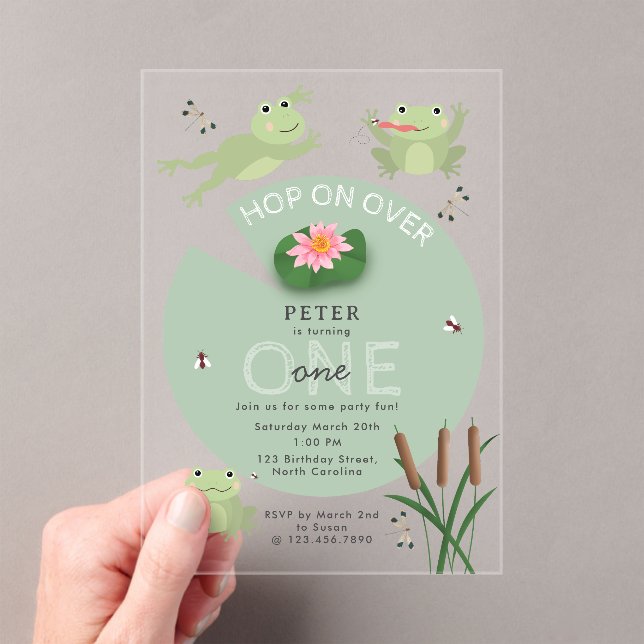 Cute Frogs in Lily Pond Hop On Over Kids Birthday Acrylic Invitations (Insitu (Handheld))