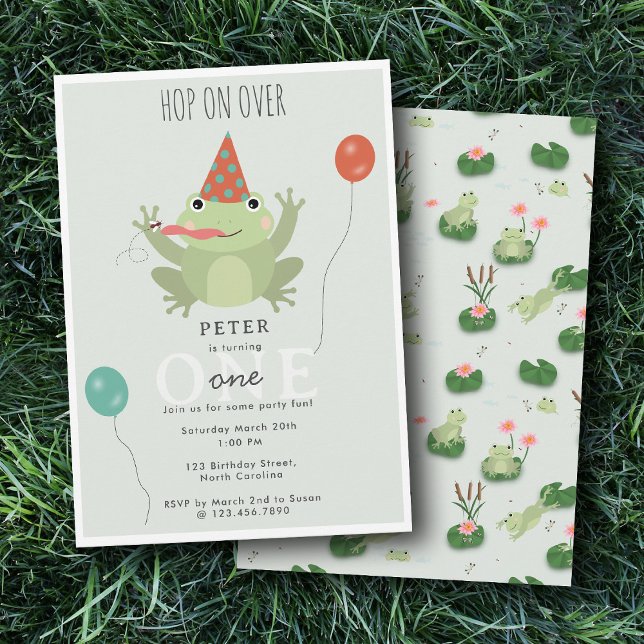 Cute Frogs in Lily Pond Hop On Over Kids Birthday Invitation (Cute Frogs in Lily Pond Hop On Over Kids Birthday Invitation)